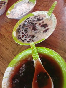 Sari kacang hijau, kacang merah, ketan merah, manis, segar.