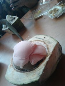 Es krem dengan mangkuk kelapa muda, isi kacang hitam, agar sarang walet, dan cincau.